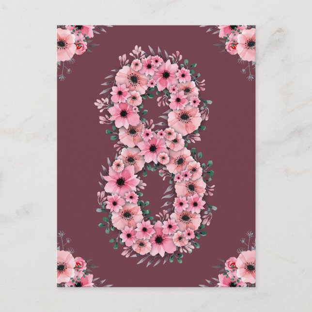 Carte Postale Fille 8ème anniversaire rose fleurs vert feuillage (Devant)