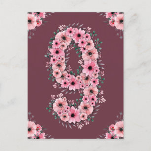 Carte Postale Fille 9e anniversaire grand Fleurs roses Feuillage