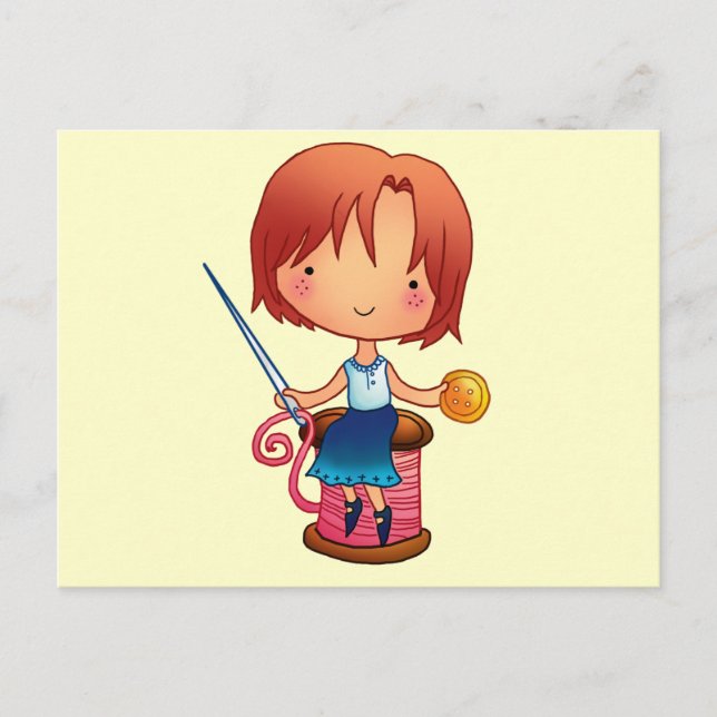 Carte Postale Fille à coudre (Devant)