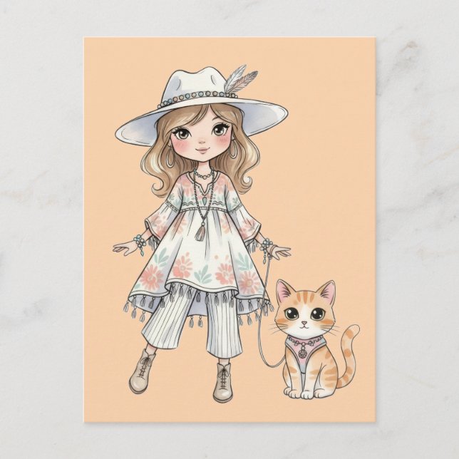 Carte Postale Fille à la mode se promenant avec son chat (Devant)