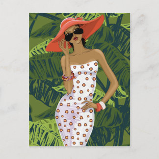 Carte Postale Fille à la mode tropicale en grand Casquette rouge