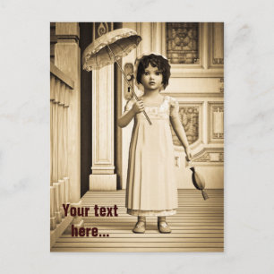 Carte Postale Fille à la ombrelle vintage sépia Art