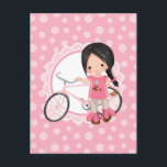 Carte Postale Fille à vélo aux cheveux noirs - Rose blanc<br><div class="desc">Ce design présente une jolie fille aux cheveux noirs avec son vélo rose. Sur fond rose et blanc avec accent de coquille mignon.</div>