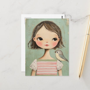 Carte Postale Fille adorable avec un oiseau sur son épaule
