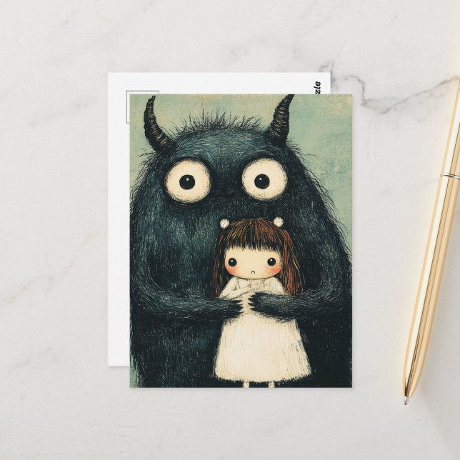 Carte Postale Fille adorable et son ami monstre Fantastique (Devant/Arrière en situation)