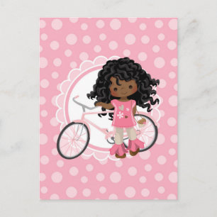 Carte Postale Fille afro-américaine à vélo - Rose Blanc