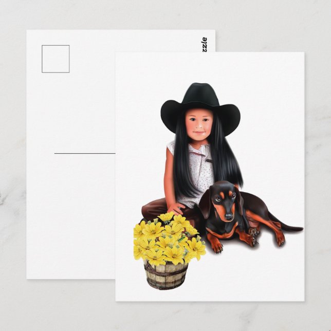 Carte Postale Fille amérindienne avec Dachshund (Devant / Derrière)