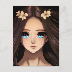 Carte Postale Fille Anime Brunette aux Yeux Bleus Anniversaire
