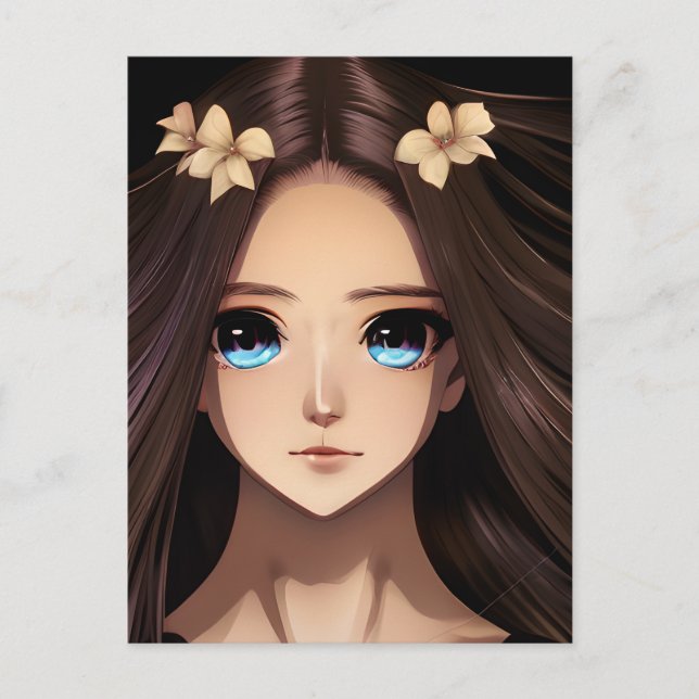 Carte Postale Fille Anime Brunette aux Yeux Bleus Anniversaire (Devant)