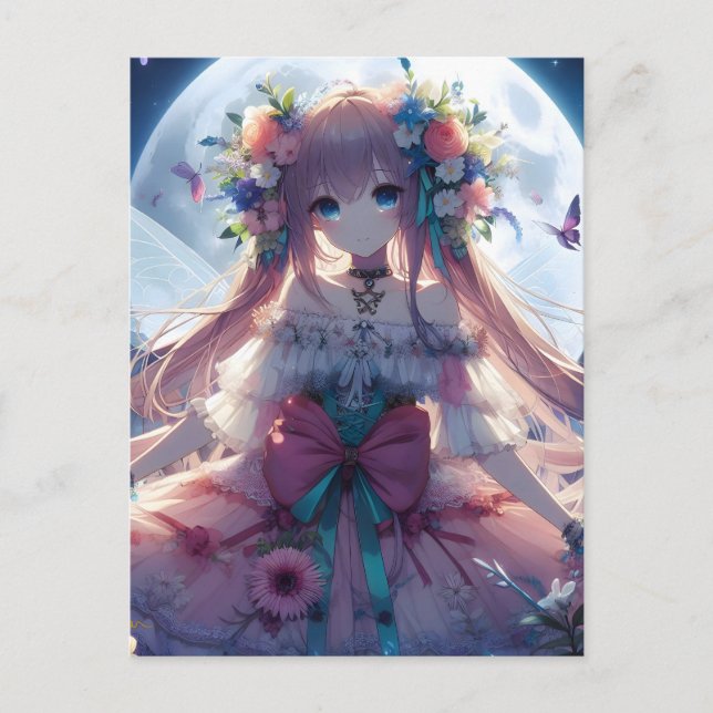 Carte Postale Fille Anime Fleur Lune Fée (Devant)