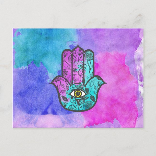 Carte Postale Fille aquarelle Floral Imprimer Hamsa Main de Fati (Devant)