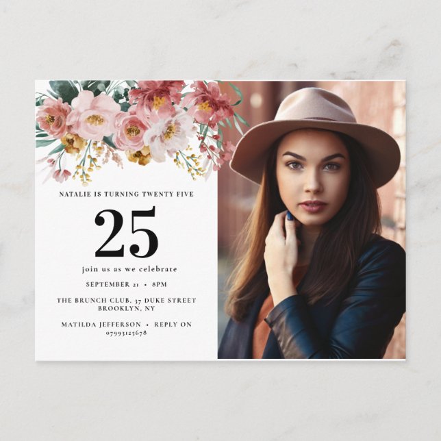 Carte Postale Fille aquarelle florale éditable photo d'âge (Devant)