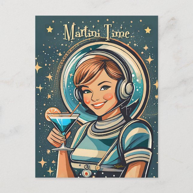 Carte Postale Fille Astro Rétro Futuriste Temps Martini (Devant)