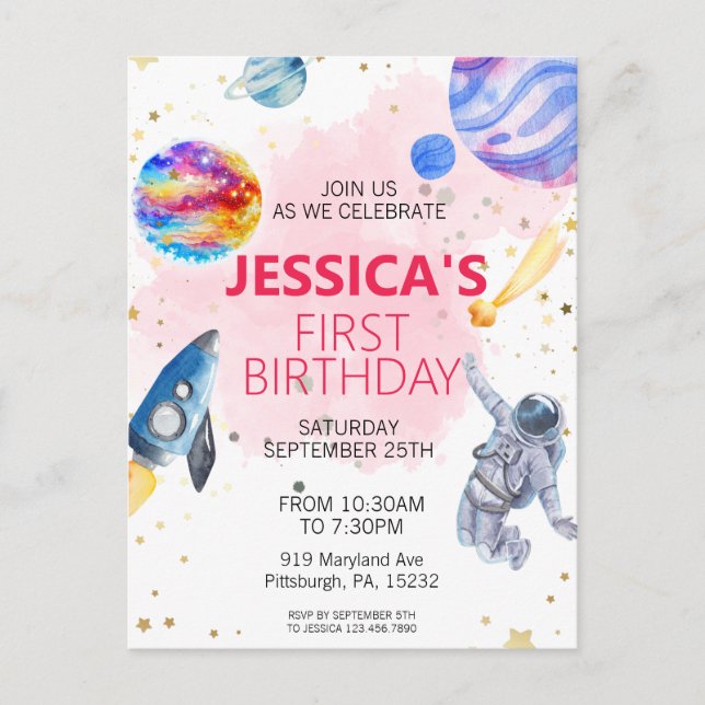 Carte Postale Fille Astronaute Espace Fusée Navire Spatial Planè (Devant)