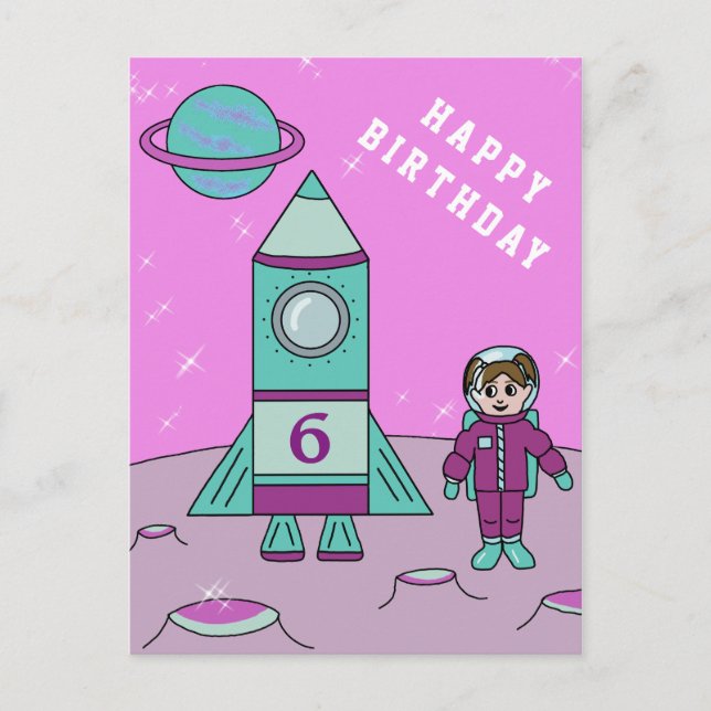 Carte Postale Fille astronaute sur la Lune Espace  Joyeux Annive (Devant)