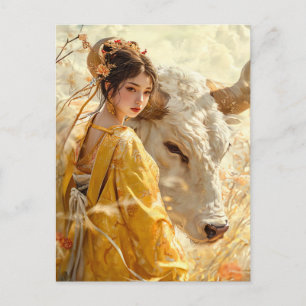 Carte Postale Fille au bœuf Art du zodiaque chinois