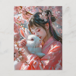 Carte Postale Fille au Lapin Art du Zodiaque Chinois