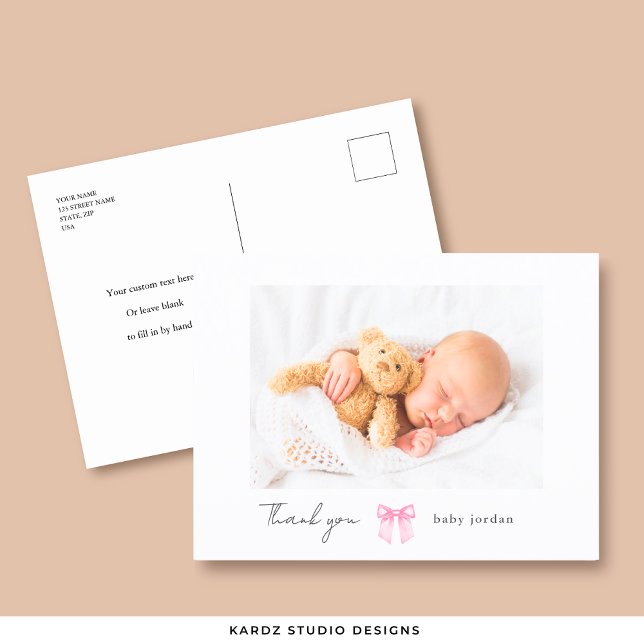 Carte Postale Fille au Nœud Rose Photo Remerciements pour une Ba (Front and back of the Postcard shown, add your baby's name, picture, and message.)