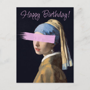 Carte Postale Fille au perle à l'oreille pop art Joyeux annivers