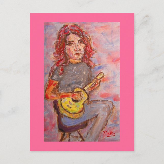 Carte Postale fille aux cheveux rouges et ukulele (Devant)