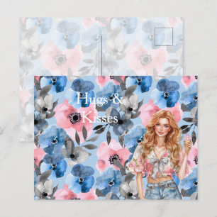 Carte Postale Fille aux Cheveux Rouges Glace Fleur Bleue Câlins
