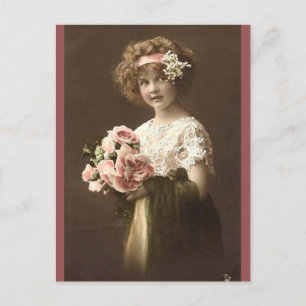 Carte Postale Fille aux fleurs rétro