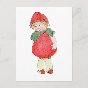 Carte Postale Fille aux fraises - Illustration Vintage