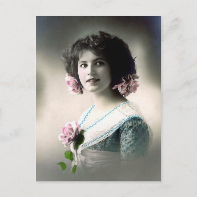 Carte Postale "Fille aux roses roses roses" Vintage (Devant)