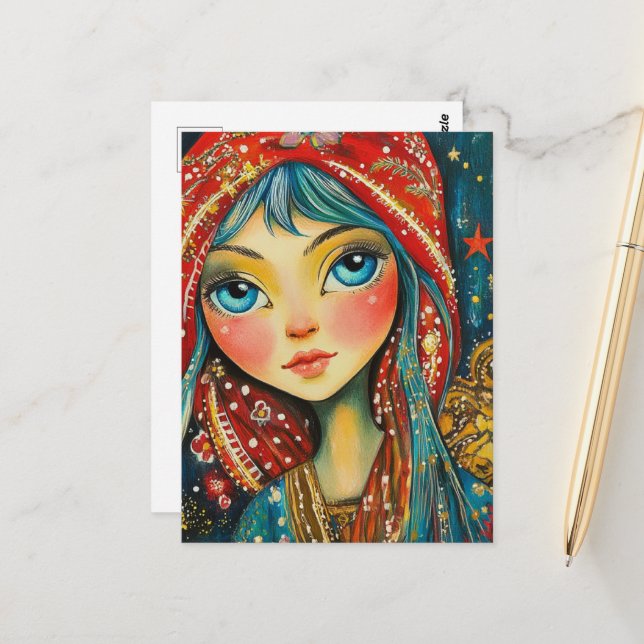 Carte Postale Fille aux yeux bleus (Devant/Arrière en situation)