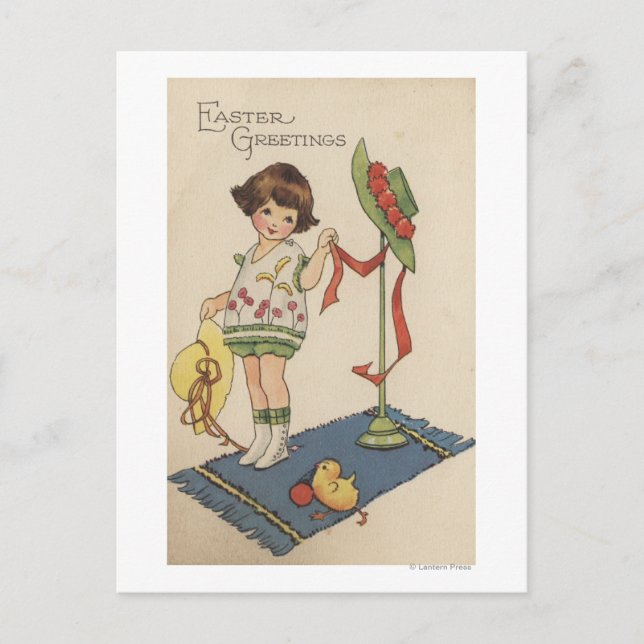 Carte Postale Fille avec Casquette jaune et poussette (Devant)