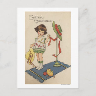 Carte Postale Fille avec Casquette jaune et poussette