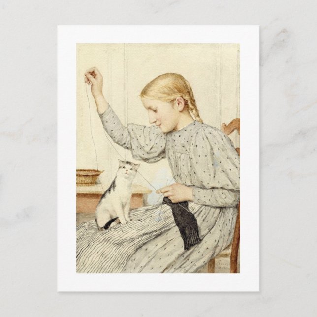 Carte Postale Fille avec chat, Albert Anker (Devant)