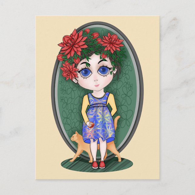 Carte Postale Fille avec chat rouge et pomme. Style Chibi. (Devant)