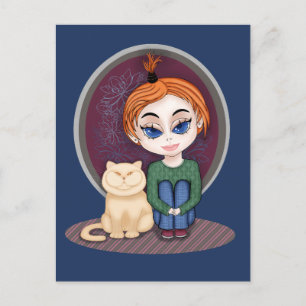 Carte Postale Fille avec chat. Style Chibi. À propos des amis vr