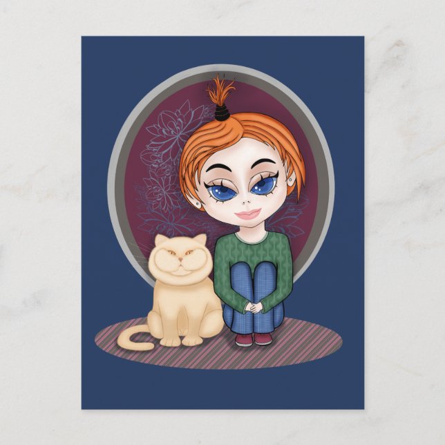 Carte Postale Fille avec chat. Style Chibi. À propos des amis vr (Devant)