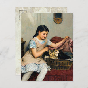 Carte Postale Fille avec chatons dans le panier par Albert Anker