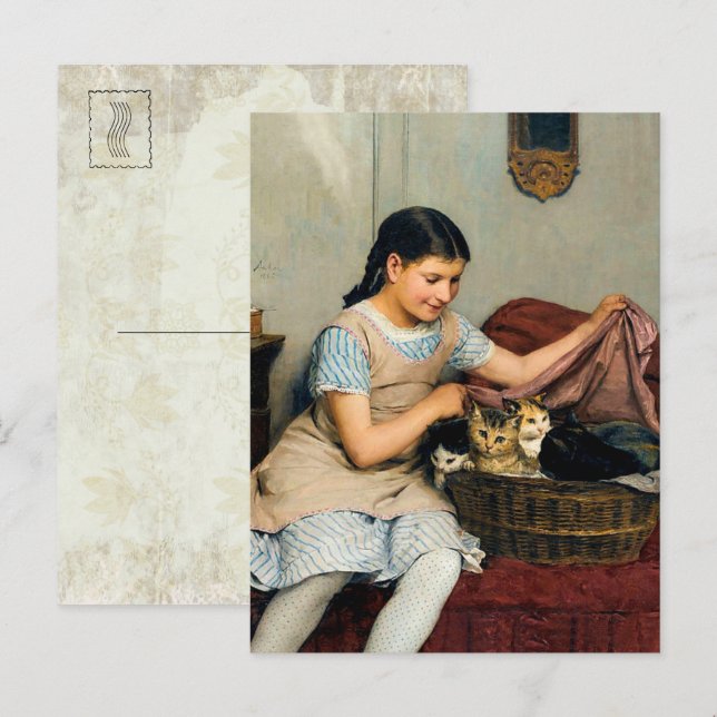 Carte Postale Fille avec chatons dans le panier par Albert Anker (Devant / Derrière)