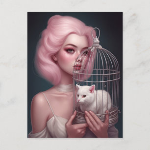 Carte Postale Fille avec cheveux roses Chat blanc en cage à oise