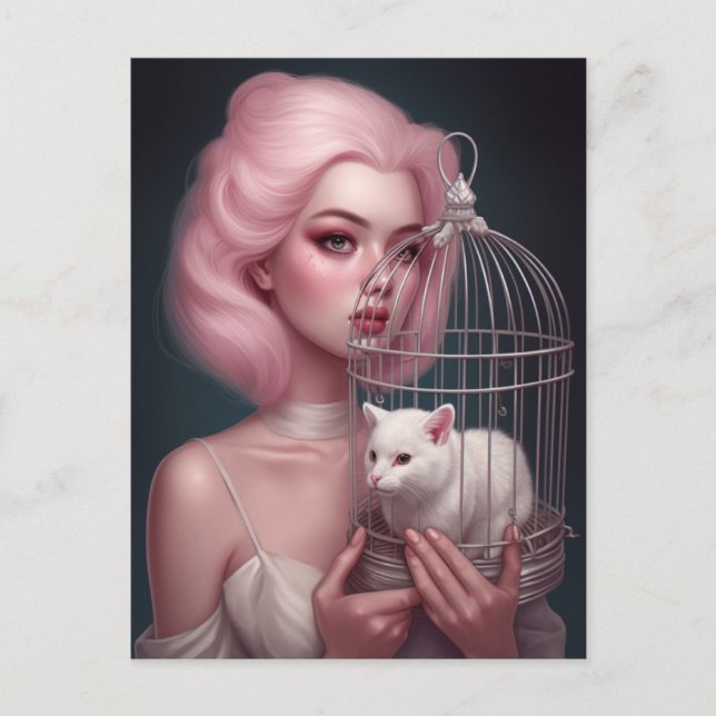 Carte Postale Fille avec cheveux roses Chat blanc en cage à oise (Devant)