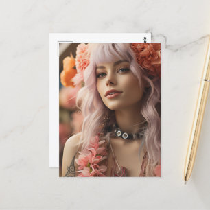 Carte Postale Fille avec cheveux roses et fleurs