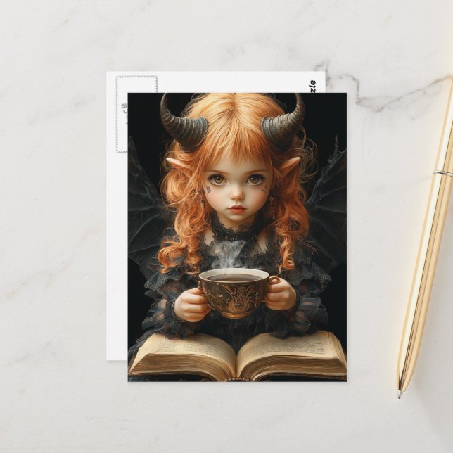 Carte Postale Fille avec cornes et ailes lit avec café (Devant/Arrière en situation)