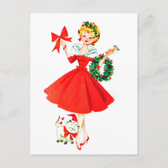Carte Postale Fille avec couronne de Noël et son petit chat (Devant)