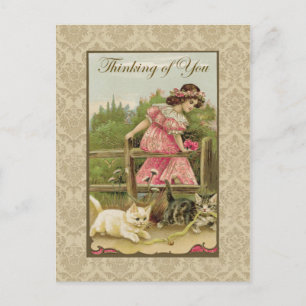 Carte Postale Fille avec des chats pensant à vous reproduction v