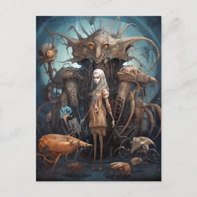 Carte Postale Fille Avec Des Monstres Étranges Art Surreal (Devant)
