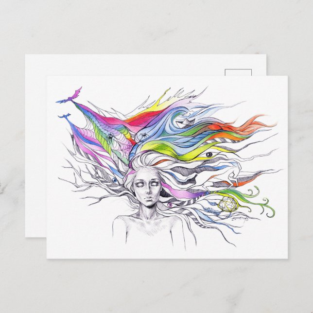 Carte Postale Fille avec des rêves dans ses cheveux Surreal imag (Devant / Derrière)