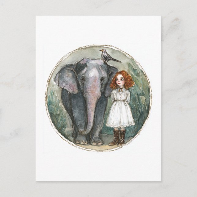 Carte Postale Fille avec éléphant et oiseau (Devant)