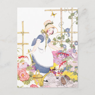 Carte Postale Fille avec gâteau et arrosage dans le jardin de fl