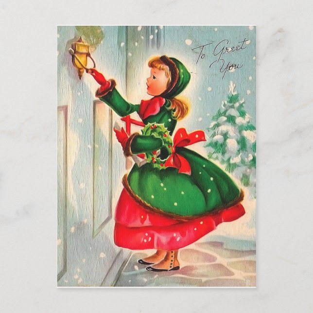 Carte Postale Fille avec la couronne de Noël à la porte (Devant)