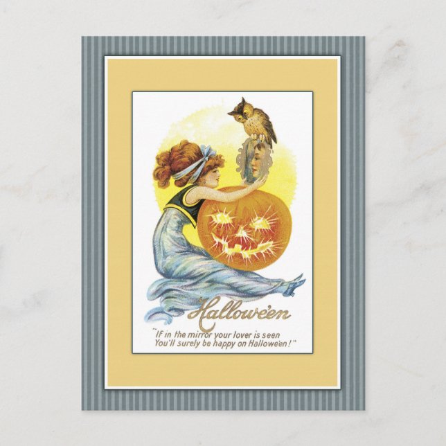 Carte Postale Fille avec miroir, citrouille et hibou (Devant)