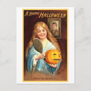 Carte Postale Fille avec miroir et Citrouille